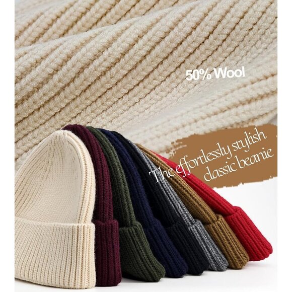 Women\'s Beanie Beige Wool Unisex Cuffed Knit Winter Warm Skull Ski Hats Caps